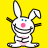 Pixelated white rabbit with long ears, pink nose and belly, blue eyes on yellow background.