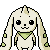 Pixel art bunny with long ears, black eyes, and a green bandana, shown in multiple poses with mouth and hand movements.
