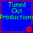 Four identical blue squares with red borders, each containing green text "Tuned Out Productions" and a small red symbol below the text.