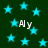 Dark green background with scattered cyan stars and repeated white text 'Aly' in pixelated font.