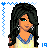 Animated contact sheet of a pixel art character with long black hair and blue eyes, wearing a yellow top with blue trim, displaying multiple facial expressions and text overlays across 13 frames.