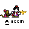 Animated contact sheet of seven pixel art frames featuring Aladdin and Genie characters with a monkey, showing sequential motion changes in poses and props.