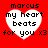 Red background with four white heart shapes containing text, each displaying 'marcus my heart beats for you x3' in black pixelated font.