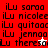 four with red, white, and pink backgrounds displaying repeated text 'iLu' followed by names in pixelated font