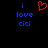 Static pixel art displays blue text 'i love cici' on both sides of a red heart symbol against black background.
