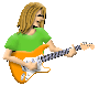A figure in a green shirt plays an orange electric guitar with white pickguard, shown across three of