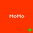 Red background with white 'MoMo' text repeated in a pattern and green pixelated symbols changing across frames