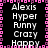 Black background with pink and purple pixelated border, white text listing 'Alexis', 'Hyper', 'Funny', 'Crazy', 'Happy' in two vertical