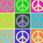 peace symbols in multiple colors transitions to a black background with colorful hearts and a partial shoe image
