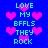 Pixelated blue background with cyan text and pink hearts, repeating 'LOVE MY BFFLS THEY ROCK' in two