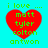 A cyan background displays four identical red heart icons with green text reading "i love .... matt tyler colton antwon" arranged in a