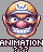 Pixel art of a character with brown hair, dark glasses, pink nose, and wide grin showing teeth; text below reads "ANIMATION" in block letters.