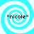 Four identical pixelated spiral patterns in cyan and white with the text *nicole* overlaid in black pixel font, arranged in a