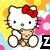 Hello Kitty character with red bow in multiple poses: holding teddy bear, holding paintbrushes, rainbow background, purple variant, pink bow close-up.