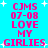 Pixelated text on cyan background with white stars, displaying 'CJMS 07-08 LOVE MY GIRLIES' in pink block letters across four