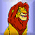 Pixelated cartoon lion with red mane and yellow body, smiling with closed eyes against light blue background.