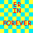 Pixelated red text on a blue-yellow checkered background with visible animation effects