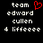 Pixelated text displays 'team', 'edward', 'cullen', and '4 liffeeee' with a red heart symbol above the first on black background
