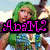Pixelated image of a person with green hair and blue outfit, overlaid with pink text 'AgaM2' on light background.