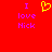 Red background with purple text 'I love Nick' on both sides and a yellow heart symbol in the center.
