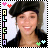 Pixelated portrait of a smiling person with dark hair wearing a black beret and dark clothing, framed by a black-and-white striped border with colored heart and star symbols.