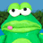 Pixelated green frog with large white eyes and black pupils, pink tongue sticking out, against blue sky and dark green foliage background.