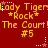 Red background with yellow text repeating 'Lady Tiger', '*Rock*', 'The Court!', and '#5' in a pattern, featuring small white star icons