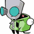 Animated pixel art of a green robot with large cyan eyes and a pink flower on its chest, next to a white cat with a pink bow and yellow nose, both standing above two people on a bar with 'BestFriends' text.