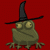 Green owl-like creature with large yellow eyes and a black witch hat on a red background, arranged in a