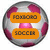 A soccer ball-shaped icon with pink and white , displaying orange text boxes reading 'FOXBORO SOCCER' on the left side