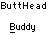 Pixelated character with brown hair, blue shirt, red shorts; three poses with speech bubbles reading 'uuh', 'shut up Beavis!!!', and text labels 'ButtHead' and 'Buddy'.