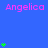 Blue background with repeated pink 'Angelica' text and green heart stacks in varying quantities across the frame.