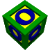Green cube with yellow faces and blue circular symbols rotates through multiple angles against a gray background.