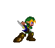 Pixel art character in green hat and blue tunic holding sword, transitioning from standing pose to shield-wielding stance with blue circular shield.