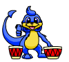 Blue cartoon creature with yellow belly and red drums in various poses, some frames showing drumming actions.