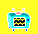 Pixelated cartoon TV with cyan body, dark teal top, pink accents, and yellow-black screen pattern on a bright yellow background.