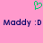 Pink background with green pixelated heart above two identical lines of dark blue text reading 'Maddy :D' in a retro digital font.