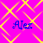 A static image with a bright pink background and yellow diamond-shaped pattern, featuring four instances of the name 'Alex' in blue text