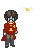 Pixel art character in red robe with yellow emblem, brown hair, green glasses; four variations show different winged objects near the head and hands.