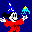 Pixel art animation featuring Mickey Mouse as a sorcerer, red-cloaked wizards, fairies, and candle-like figures against a dark blue starry background with yellow sparkles.