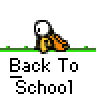 Animated contact sheet showing 11 frames of a pixel art 'Back To School' buddy icon with stick figure character and school desk props on gray background.