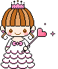 Pixel art of a cartoon girl with brown hair, pink crown, white dress with pink trim, holding a pink heart-topped wand, surrounded by pink stars.