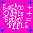 Pixelated text and symbols on a bright pink background with blue star accents, arranged in four identical quadrants.