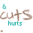 Animated sequence of brown handwritten text with teal 'hurts' labels and small brown hearts, transitioning between phrases like 'cut+scut', 'love', and 'even more'.