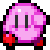 Four pixelated pink Kirby icons with black eyes and red feet, arranged in a on white background