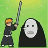 Pixelated 48x48 static icon showing two figures: a character with orange hair holding a sword and another figure in black robes with a white mask-like face against a green background.