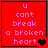 Red square icon with pink text "u cant break a broken heart" and black heart symbol, transitioning to multiple brown hearts.