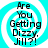 Four identical circular cyan and white spiral-patterned icons with black text reading 'Are You Getting Dizzy, Jill?!' displayed in a