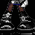 Pixel art character with black-and-white hair, red streaks, and blood-like tears; fiery orange eyes alternate between open and closed states.