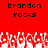 Red background with black text reading "brandon rocks" repeated twice, white pixelated shapes resembling hands or flames at the bottom.
